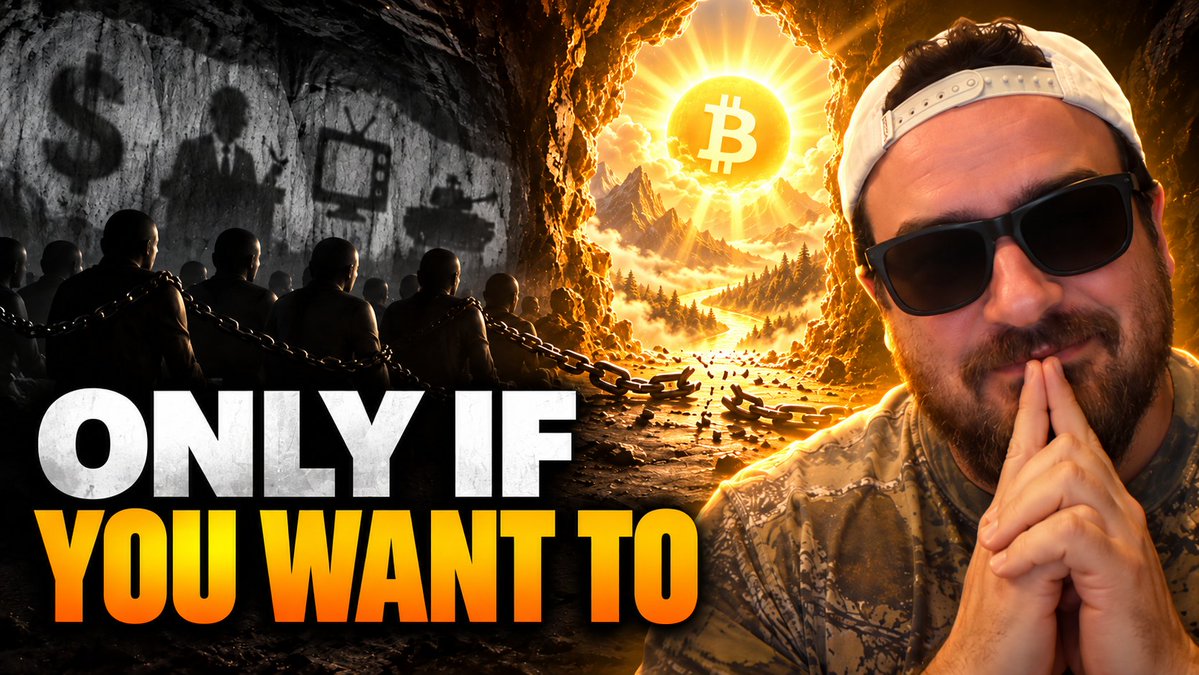A YouTube-style thumbnail featuring a man in sunglasses and a camo shirt on the right, with the text "ONLY IF YOU WANT TO" and a dramatic cave scene with chained figures on the left and a glowing Bitcoin logo in the center.