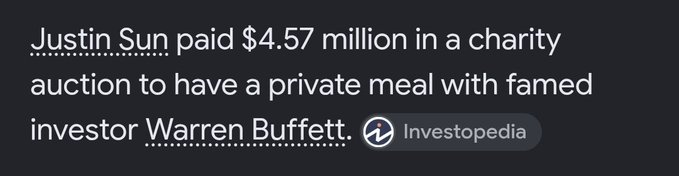 A Google search snippet stating 'Justin Sun paid $4.57 million in a charity auction to have a private meal with famed investor Warren Buffett.'
