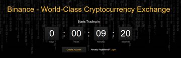A promotional banner for Binance with the text 'Binance - World-Class Cryptocurrency Exchange' and a countdown timer showing 0 days, 00 hours, 09 minutes, and 20 seconds remaining before trading starts.