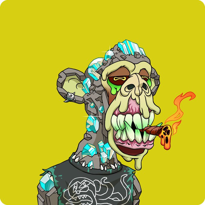 A cartoon illustration of a zombified character with crystal formations on its head and shoulders, smoking a lit joint, set against a bright yellow background.