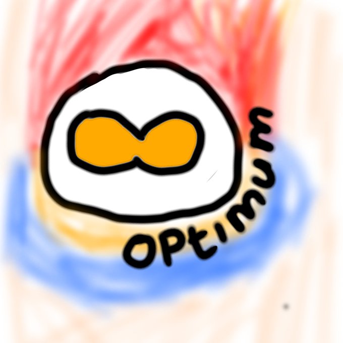 A blurry, hand-drawn style logo featuring an egg-shaped character with an orange infinity symbol face. The word 'OPTIMUM' curves along the right side against red and blue painted backgrounds.