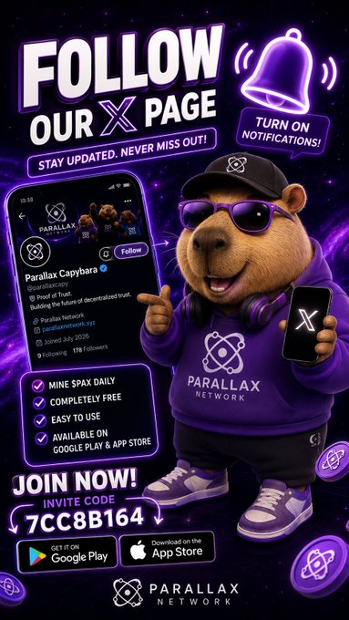 Promotional poster for 'Parallax Network' featuring a capybara mascot in purple clothing, encouraging users to follow their X page with the invite code '7CC8B164' and download on Google Play and App Store.