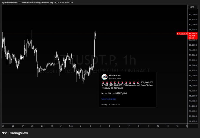 The image displays a 1-hour BTCUSDT.P chart from TradingView, created by "MylestGovernment777," with the Bitcoin price shown around 81,130 and a "Whale Alert" notification indicating that 500,000,000 USDT (499,784,000 USD) was transferred from Tether Treasury to Binance. This relates to the post by highlighting a significant USDT inflow to Binance, which could signal potential buying pressure for Bitcoin.