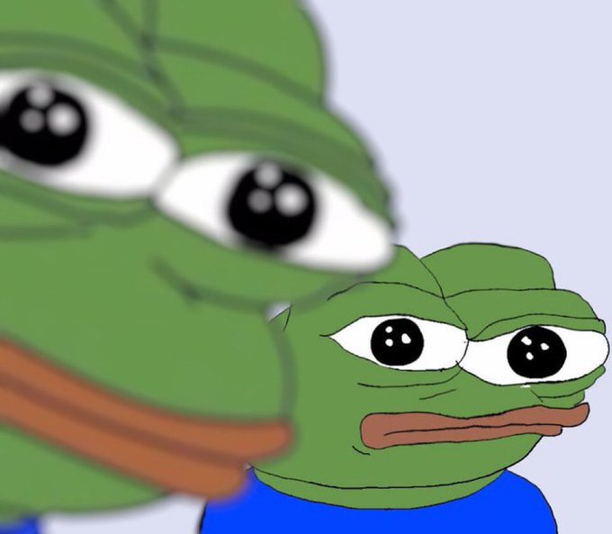 Two green Pepe the Frog characters with sad, glossy eyes stare forward in a popular reaction meme format.