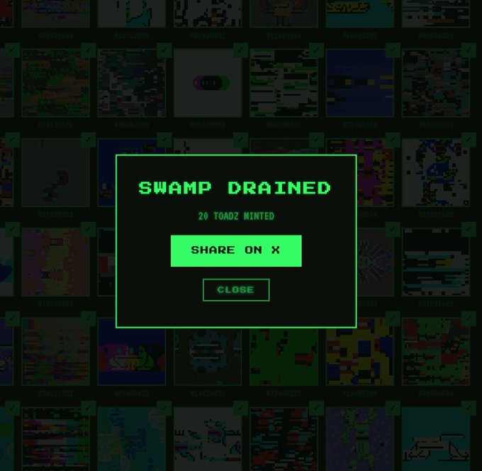 A pixel art interface showing 'SWAMP DRAINED' with '20 TOADZ MINTED' message, a 'SHARE ON X' button, and a 'CLOSE' button, overlaid on a gallery of pixel art thumbnails.