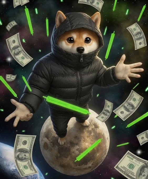 A Shiba Inu dog wearing a black puffy jacket stands on the moon amid a cosmic background with floating dollar bills and green candlestick charts, symbolizing cryptocurrency.