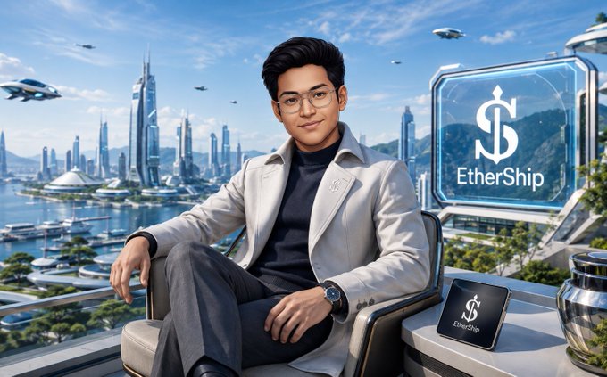 A futuristic cityscape scene featuring a young man with glasses sitting confidently, alongside a holographic "EtherShip" logo displaying a dollar sign symbol.