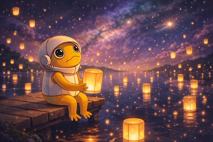 An adorable cartoon character in a space helmet sits on a wooden dock, holding a glowing paper lantern against a starry night sky as dozens of lanterns float across a serene lake. The image's luminous lanterns and dreamy cosmic setting beautifully mirror the post's theme of finding magic and light in quiet, reflective moments.