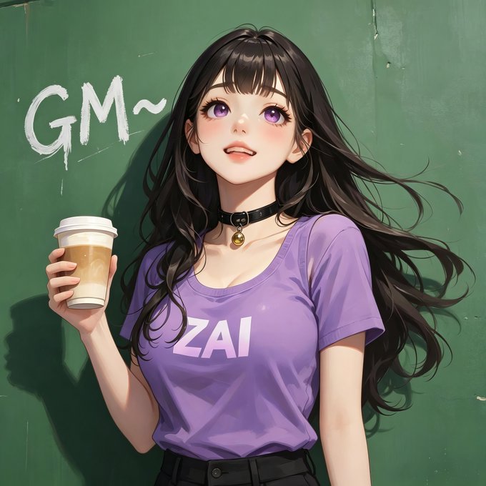 An anime-style girl with long black hair and purple eyes holds a coffee cup against a green chalkboard background with "GM~" written on it. She wears a purple "ZAI" t-shirt and a black choker, embodying the post's message of the $ZAI token girl starting a new week with energy and confidence.