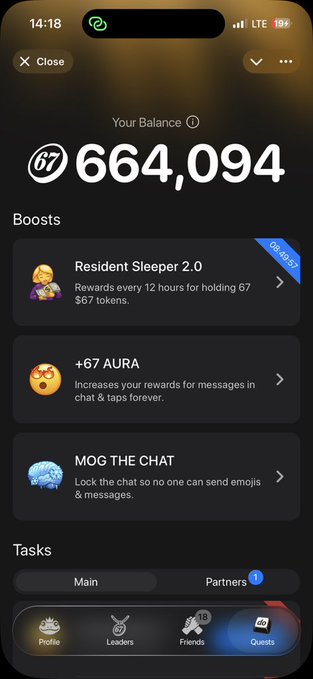 Mobile app screen displaying a balance of 664,094 of token '67' with Boosts including 'Resident Sleeper 2.0', '+67 AURA', and 'MOG THE CHAT'.