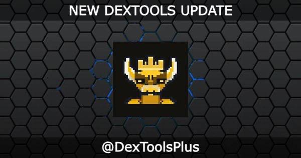 A promotional graphic titled 'NEW DEXTOOLS UPDATE' featuring a pixel art golden helmet icon on a hexagonal pattern background, tagged with '@DexToolsPlus'.