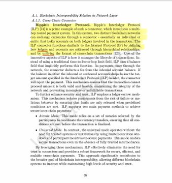 The image shows page 28 of A. L. Blockchain Interoperability Solutions in Fintech Layer, featuring an academic excerpt discussing Ripple's Interledger Protocol (ILP) and its role in unifying cross-ledger transactions through connector-based architecture. The text highlights key technical features including atomic modes, universal modes, and how ILP eliminates the fragmentation of blockchain systems for cryptocurrency exchanges and payment transactions.

The accompanying post draws a parallel between Ripple's ILP and "Project Agorá," suggesting that both serve the same fundamental function of unifying ledgers for cross-ledger transactions.