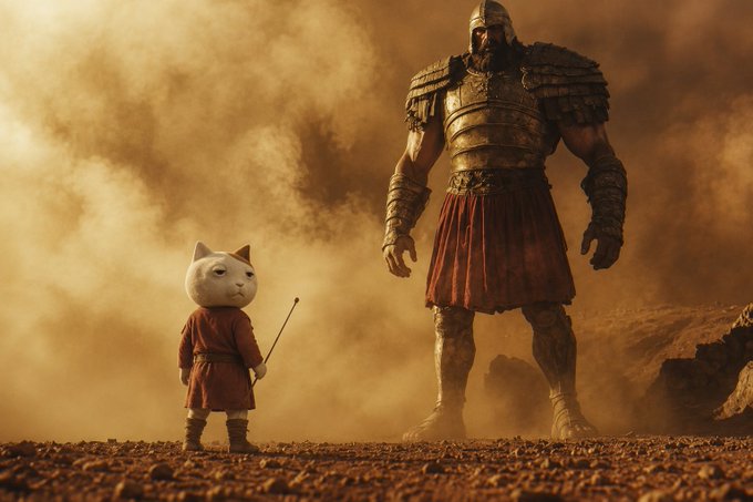 A small figure with a cat's head wearing a red robe and holding a thin stick stands facing a towering, muscular warrior in golden armor and a red tunic against a dusty, smoke-filled background.