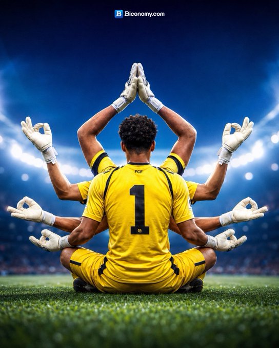 The image features a soccer player sitting cross-legged with his arms raised in the air, surrounded by five other people who are also seated or standing behind him. The background of the image shows a stadium filled with spectators watching the game. The caption below the image reads "A hidden legend is in front of you... But only the true fans can recognize him Who do you think this back view is? Drop your guess below.Let’s see how many get it right. #BiconomyCom #GuessThePlayer #Football #Web3".