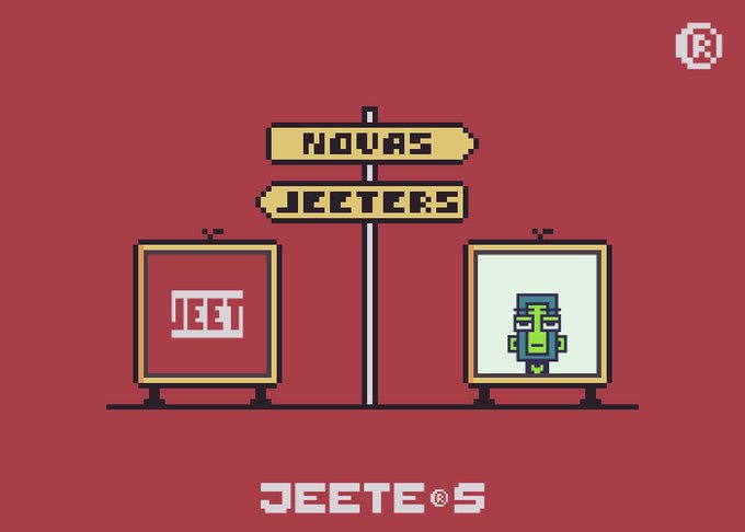 Pixel art illustration featuring two display cases on a red background: one labeled "JEET" containing a red square, and another with a pixelated character. A signpost reads "NOVAS" and "JEETERS" above the "JEETEOS" logo.