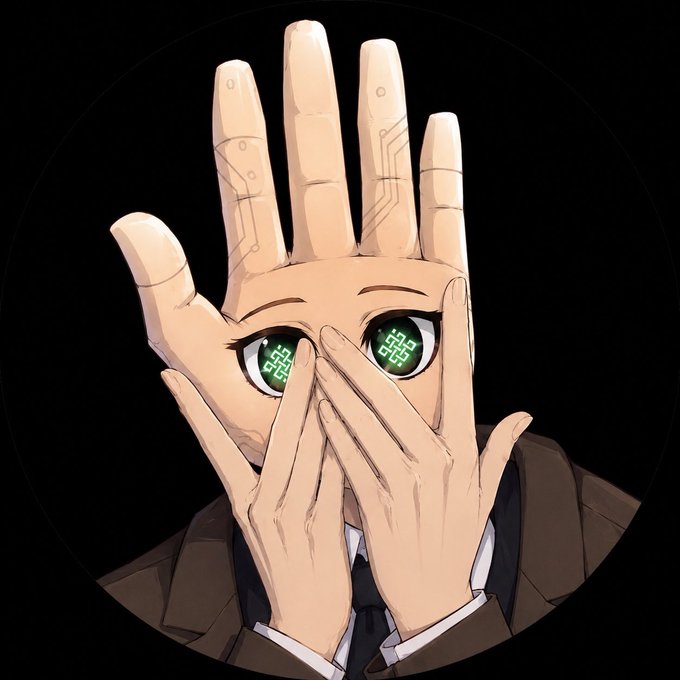 An anime-style illustration of a character in a suit with a large hand covering the lower face, featuring green digital code-like eyes and circuit patterns on the hand.