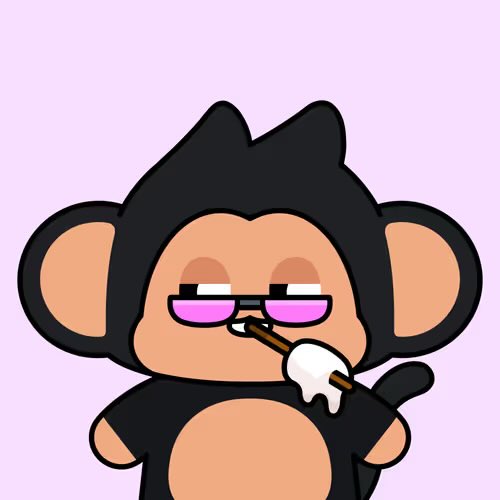 A cartoon illustration of a black monkey character with purple-tinted glasses, holding a stick of melting white food against a light pink background.