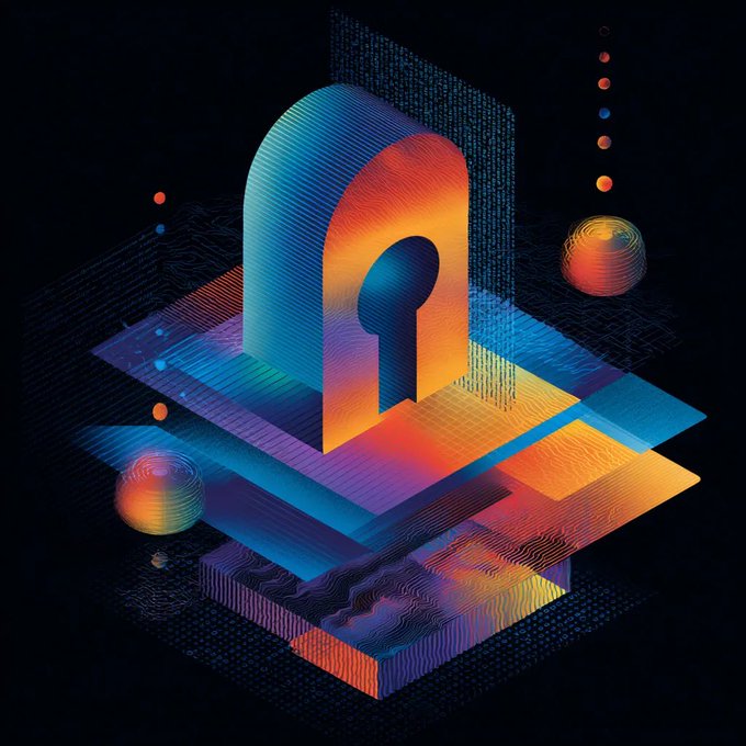 The image features a 3D rendering of an archway with a keyhole at its center, surrounded by various shapes and colors including blue, orange, purple, green, and red. The background consists of black lines and dots, creating a sense of depth and complexity. The image is titled "How do we balance the cypherpunk privacy-first code-is-law mindset with the realities of mainstream growth and adoption?" which suggests that it may be related to the discussion on balancing privacy concerns in cyberspace with the challenges faced by mainstream technology adoption, such as user experience and usability.