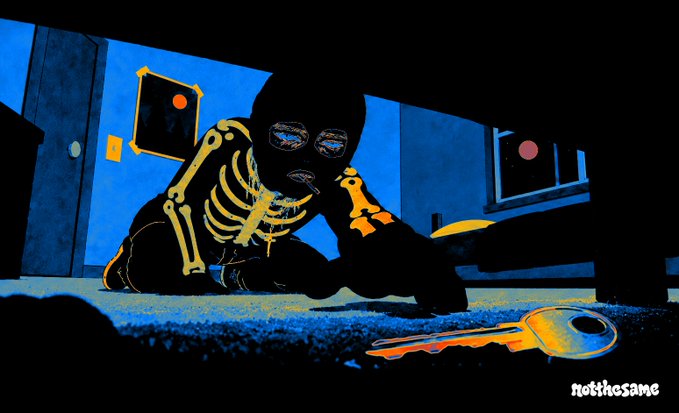A stylized, high-contrast digital illustration shows a skeleton-like figure with glowing blue eyes crawling on a carpet toward a large golden key, with the watermark 'notthesame' in the bottom right corner.