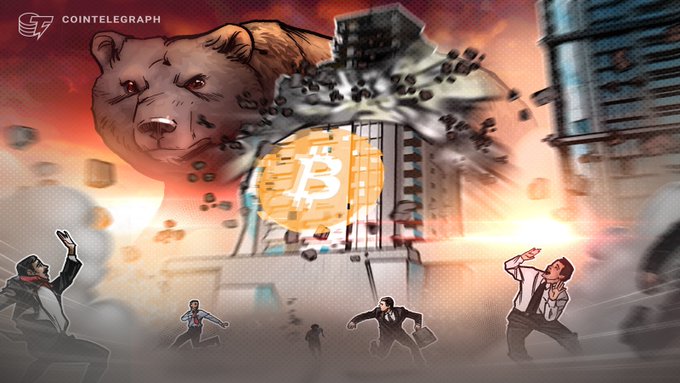 Cointelegraph illustration depicting a giant bear breaking through a wall with a Bitcoin symbol, while people flee below amid falling debris.