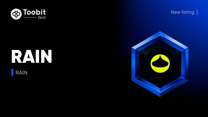 Promotional graphic for Toobit Spot showing a 'New listing' for the cryptocurrency token 'RAIN' with its hexagonal blue logo.