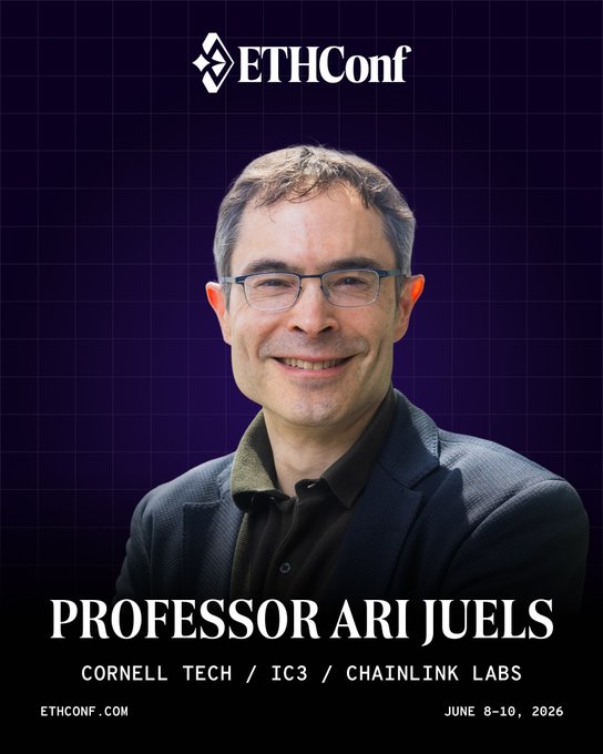 The image features a man wearing glasses and a suit jacket with his arms crossed over his chest. The background of the image is purple, which appears to be the color scheme for the poster or advertisement. The text on the poster reads "ETHConf", indicating that this is an event related to Ethical hacking conferences. The poster also includes the names of the speakers: @arijuels and @cornell tech / irc3 / chainlink labs.