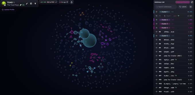 A 3D network visualization of 'The Toad Pope' on TODAQ, showing a large central node connected to numerous smaller nodes in various colors against a dark background.