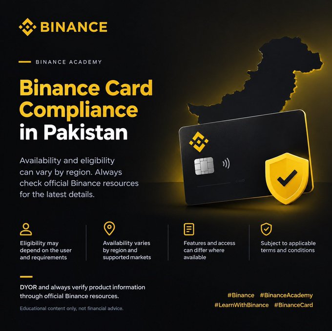 A Binance Academy infographic titled 'Binance Card Compliance in Pakistan' showing a black Binance card with a gold shield, with bullet points about eligibility, availability, features, and terms.