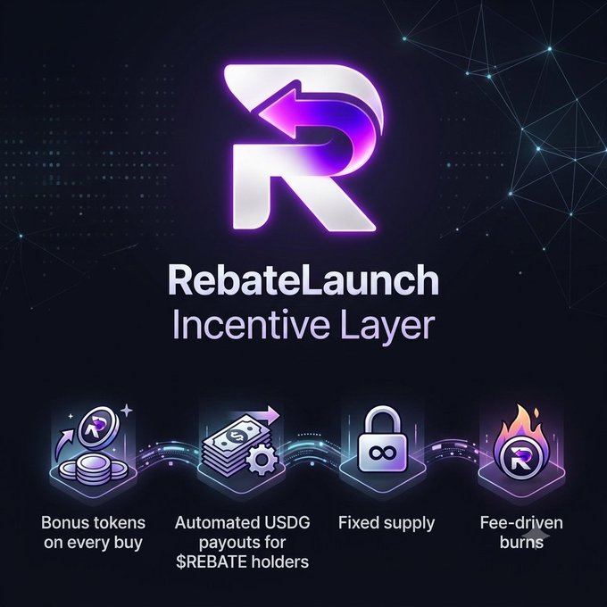 Promotional graphic for “RebateLaunch Incentive Layer,” listing bonus tokens on every buy, automated USDG payouts for $REBATE holders, fixed supply, and fee-driven burns.