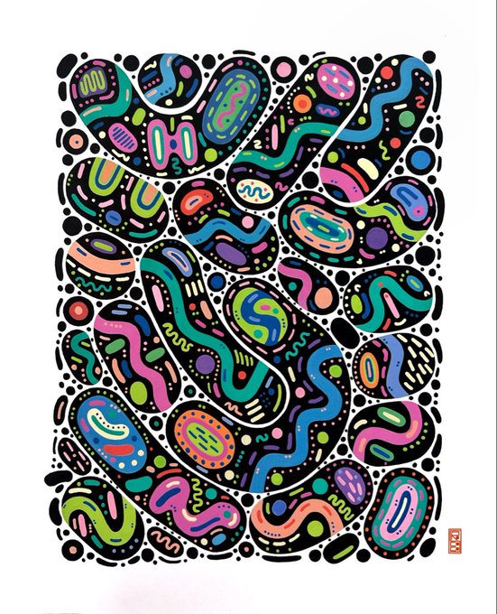 The image features an abstract art piece with various shapes and colors, including circles, lines, and dots. The artwork appears to be a representation of bacteria or viruses, as indicated by the text "ONLY 1 LEFT There are feelings that don't arrive, they emerge. Slowly, from beneath layers we cannot name, a biological whisper begins." This artistic interpretation of bacteria or viruses evokes a sense of mystery and curiosity about their inner workings. The use of abstract shapes and colors adds to the intrigue, as it is not immediately clear what the artist intended to convey with this piece.