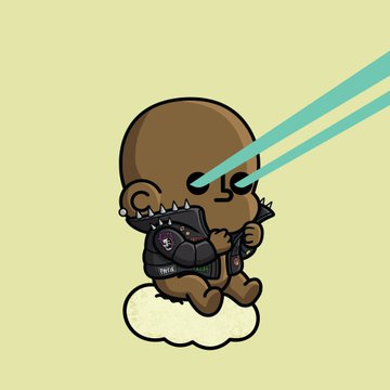 A cartoon illustration of a baby with a nappy and tattoos shooting blue laser beams from its eyes against a pale yellow background.