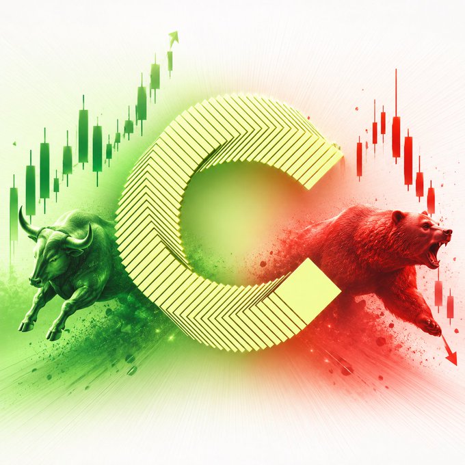 A large golden "C" divides the image, flanked by a green charging bull and ascending candlesticks on the left, and a red roaring bear with descending candlesticks on the right—visually representing the bullish vs. bearish debate on the ticker **$CC**.