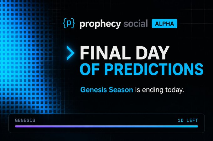 The image features a poster for a social media platform called @ProphecySocial. The poster displays a blue background with white text that reads "Good morning! Today is the final day of predictions on @ProphecySocial by @Somnia_Network - the end of the first Genesis Season". The poster also includes a list of predicted events and mentions the word "Alpha" in one instance, suggesting that this might be an advertisement or promotional material for the platform.