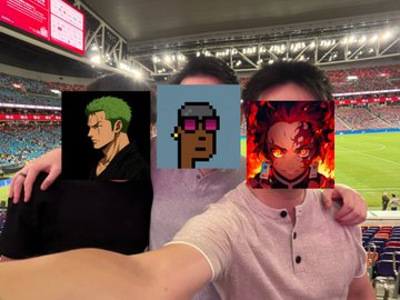 Two men pose for a selfie at a Manchester City vs Inter Milan football match, with anime character portraits (including Roronoa Zoro and other figures) covering their faces, while the post thanks OKX for the experience and tags various crypto and blockchain-related contacts.