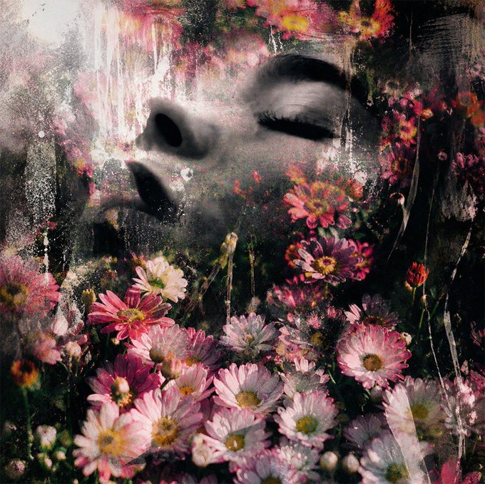 A stylized black-and-white portrait of a woman's face with her eyes closed blends into a vibrant field of pink and red daisies, creating a dreamy, abstract collage. The soft floral imagery evokes the theme of "Scent of Happiness," suggesting tranquility and natural beauty, while the tagged hashtags frame it as a digital artwork listing on the Tezos blockchain.