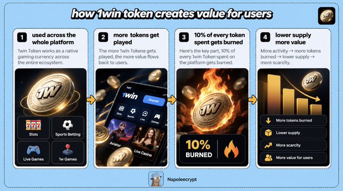 An infographic titled 'how 1win token creates value for users' outlines a four-step process: the 1win token used across the platform, more tokens played increasing value flow, 10% of tokens burned, leading to lower supply and higher value.