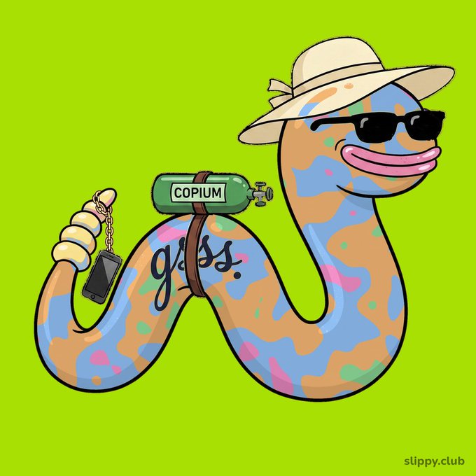 A colorful cartoon worm character wearing sunglasses, a sun hat, and a 'gloss.' shirt holds a green tank labeled 'COPIUM' on its back, with a phone dangling from its tail against a green background.
