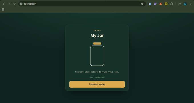 A screenshot of the tipsol.com website displaying a 'Tip Jar' interface with the title 'My Jar' and a prompt to 'Connect your wallet to view your jar,' featuring a 'Connect wallet' button.