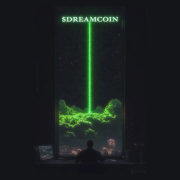A solitary figure sits before a glowing monitor displaying the "$DREAMCOIN" ticker, a vibrant green beam shooting skyward through clouds beneath a starlit sky, visually echoing the post's news of the token's explosive 113% rally and $1.6M trading volume within 24 hours.