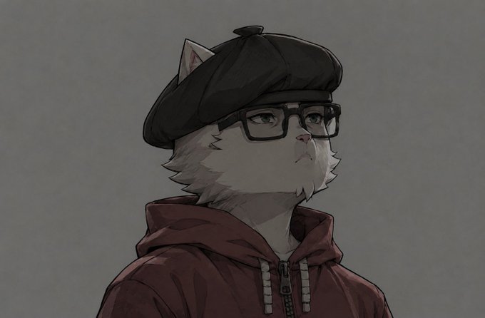 A digital illustration depicts an anthropomorphic cat character wearing a red hoodie and a black beret, looking off to the side with a neutral expression.