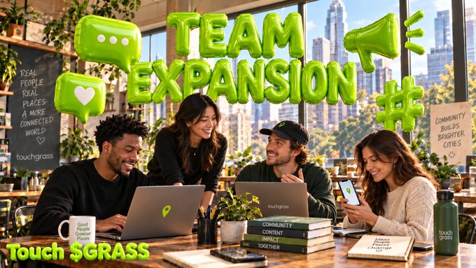 The image is a promotional graphic for Touch Grass RWA announcing a team expansion, featuring green balloon letters spelling "TEAM EXPANSION" alongside chat bubbles and a megaphone icon. Four smiling people are gathered around a table with laptops and phones, with chalkboards in the background displaying messages like "REAL PEOPLE, REAL PLACES, A MORE CONNECTED WORLD" and "COMMUNITY BUILDS BRIGHTER CITIES," visually reinforcing the post's announcement of a new dedicated full-time Communications Team.