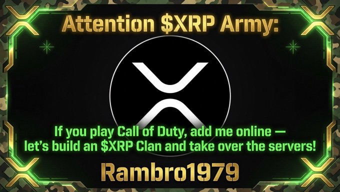 A military-style camo-bordered graphic featuring the XRP logo calls on the "$XRP Army" to join "Rambro1979" in Call of Duty to form an $XRP clan and "take over the servers," directly supporting the post's call to connect the crypto community through online gaming.