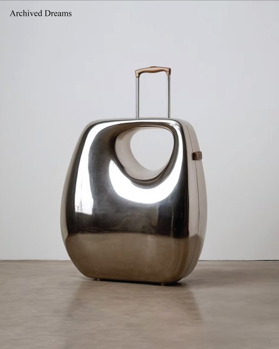 A polished metallic sculpture resembling a modern suitcase with an extended handle and a circular cutout, displayed on a concrete floor against a white wall, with the text "Archived Dreams" visible in the upper left corner.