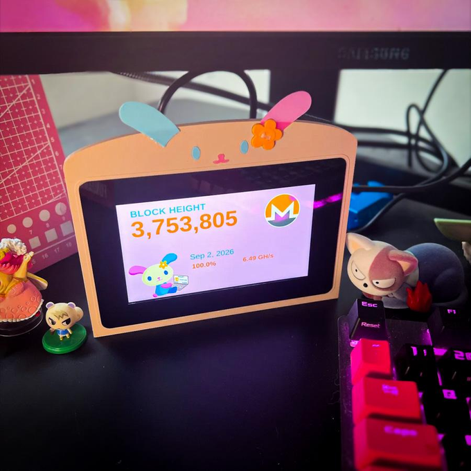 A cute display showing a cryptocurrency mining monitor with cartoon bunny ears, displaying 'BLOCK HEIGHT 3,753,805' and 'Sep 2, 2026', surrounded by small figurines and a backlit keyboard.