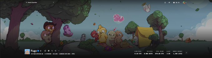 A colorful cartoon website homepage titled 'Fuggz' featuring whimsical bird and animal characters in a forest setting.