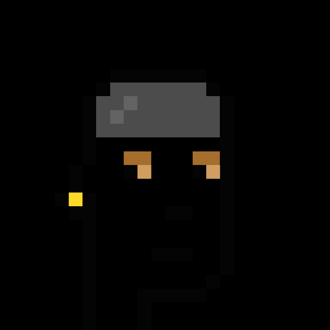 The image features a black and white photo of an anime character with brown eyes, wearing a gray hat that has a yellow flower attached to it. The character appears to be looking directly at the camera. The background of the image is dark, which contrasts with the character's face and highlights its details. There are no texts or other objects in the image, making the focus solely on the anime character and its features.