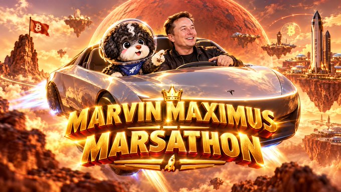A promotional graphic titled 'MARVIN MAXIMUS MARSATHON' featuring Elon Musk and a dog wearing an astronaut helmet riding in a silver Tesla convertible through a Mars-like landscape with rockets and Bitcoin symbols in the background.