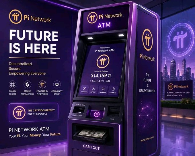 The image features an ATM machine designed for Bitcoin transactions. The ATM has a purple background with a gold logo, and it's surrounded by various icons related to Bitcoin and digital payments. The text "FUTURE IS HERE" suggests that this particular ATM is part of a future where Bitcoin and other cryptocurrencies are widely accepted as payment methods. This futuristic ATM represents the evolution of financial systems and the increasing adoption of digital currency in everyday life.