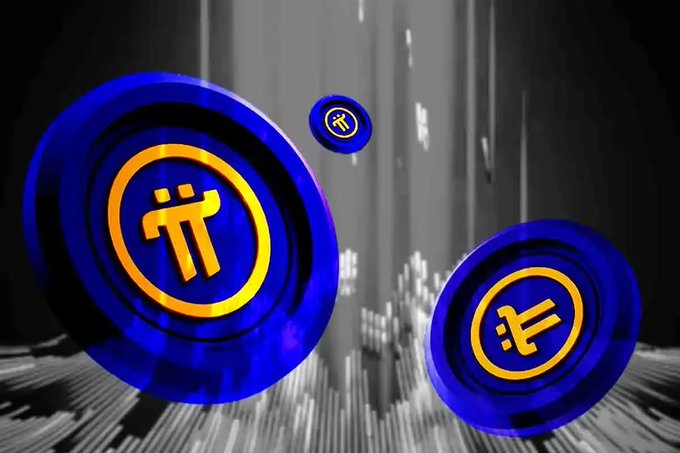 A digital graphic featuring floating blue and gold Pi cryptocurrency coins against a dark background with a glowing pixelated effect.