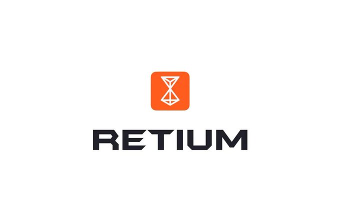A logo featuring an orange square with a white geometric cube/fox design above the text 'RETIUM' in black.